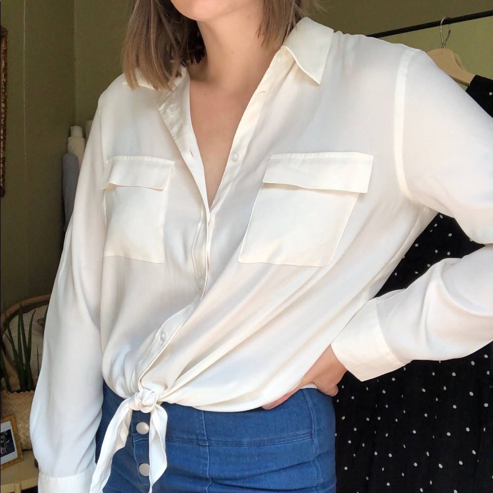 Ann Taylor + white tie front blouse - Picture 2 of 9